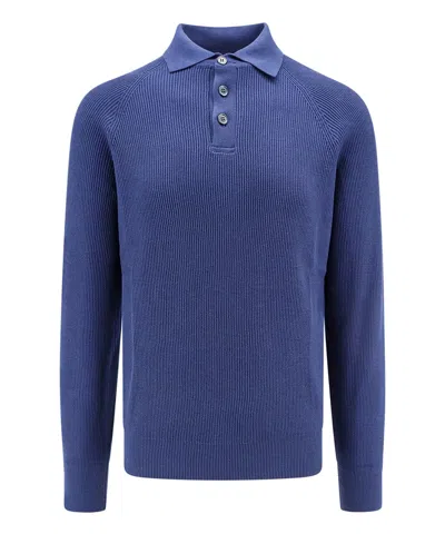 Brunello Cucinelli Long Sleeve Polo Shirt In Blue