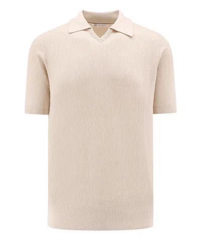 Brunello Cucinelli Ribbed Cotton Polo Shirt In Beige