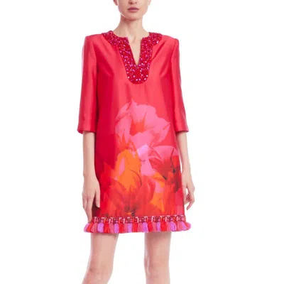 Badgley Mischka Jewel-embellished Tasseled Tunic Mini Dress In Red