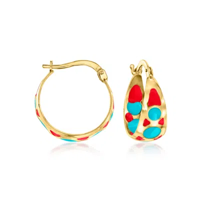 Ross-simons Italian Red And Blue Enamel Hoop Earrings In 14kt Yellow Gold