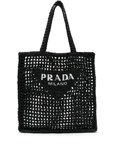 Prada Logo Woven Tote Bag In Black  