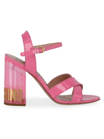 Moschino Patent Leather Logo Heel Sandals In Pink
