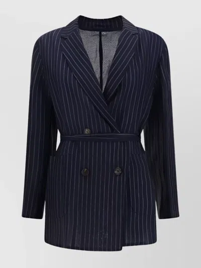 Brunello Cucinelli Metallic Pinstripe Cotton Gauze Belted Double-breasted Blazer Jacket In Blue,silver
