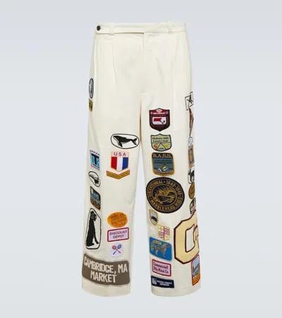 Bode Cambridge Patch-appliqué Cotton Canvas Wide-leg Pants In White
