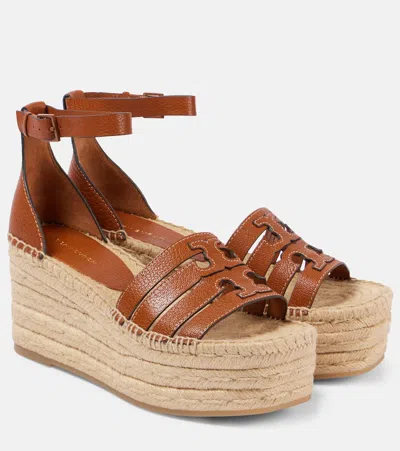 Tory Burch Ines Caged Leather Double T Espadrilles In Bourbon
