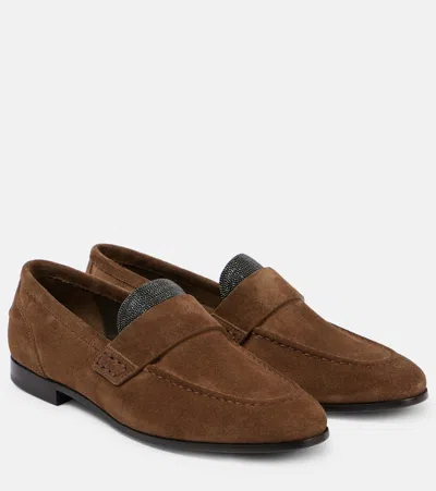 Brunello Cucinelli Monili-embellished Suede Loafers In Brown