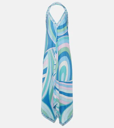 Pucci Iride-print Halterneck Silk Dress In Blue