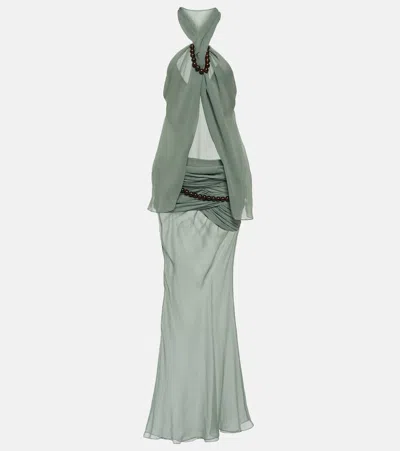 Christopher Esber Beaded Draped Silk Maxi Dress In Green