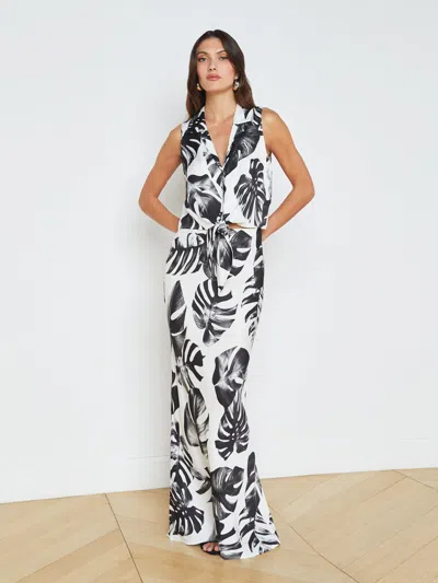 L Agence Zeta Maxi Skirt In Black/white Palm Leaves