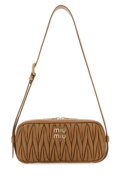 Miu Miu Woman Caramel Nappa Leather Shoulder Bag In Brown