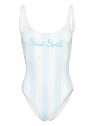 Mc2 Saint Barth Logo Striped One-piece Swimsuit In Blue