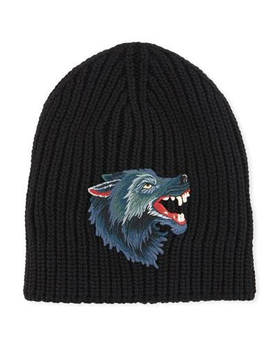 Gucci Wolf Patch Wool Knit Beanie In Blue