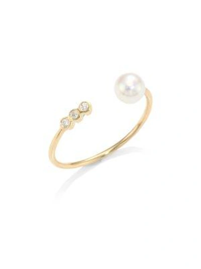 Zoë Chicco Diamond & 4mm Freshwater Pearl Open Ring In Yellow Gold