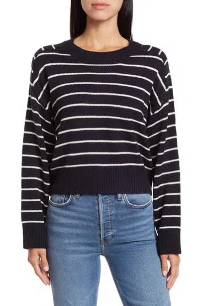 T Tahari Saddle Stripe Long Sleeve Sweater In Navy/cream Stripe