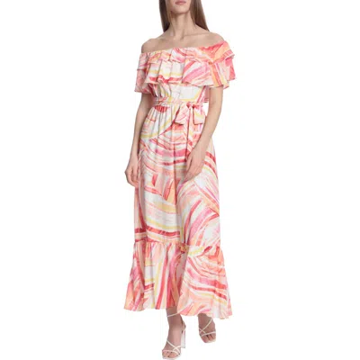 Donna Morgan For Maggy Mix Stripe Off The Shoulder Maxi Dress In Soft White/coral