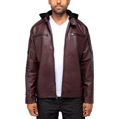X-ray Men's Grainy Polyurethane Moto Jacket With Hood And Faux Shearling Lining In Burgundy/black