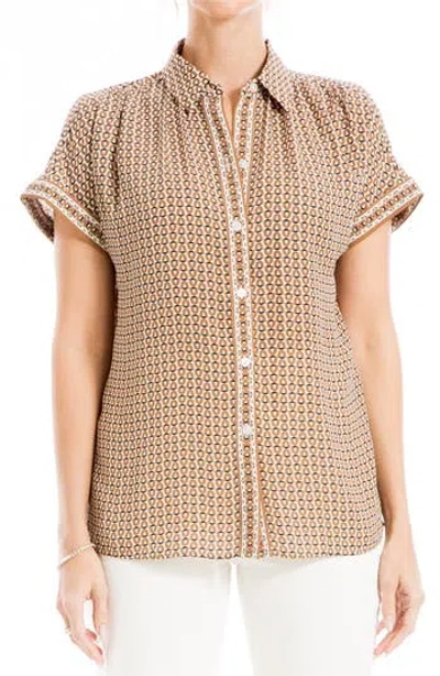 Max Studio Patterned Short Sleeve Button-up Shirt In Toast/cream Dolly Chains