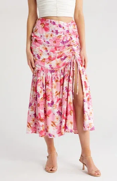 Lulus Flourishing Favorite Floral Ruched Maxi Skirt In Ivory/pink/purple