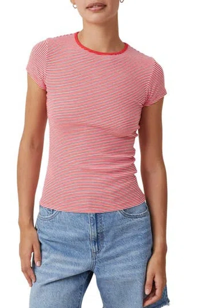 Cotton On Women's The One Rib Crew Short Sleeve T-shirt In Mini Stripe White/fiery Red