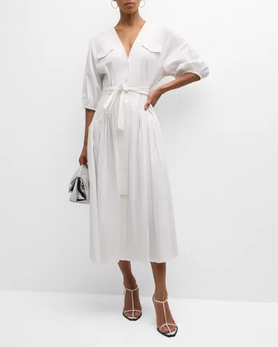 Alexis Oasis Tie-belt Elbow-sleeve Cotton Midi Dress In White