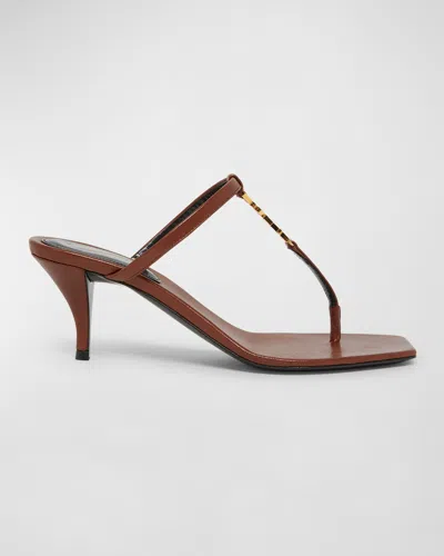 Saint Laurent Cassandra Leather Ysl Thong Mule Sandals In Cigare