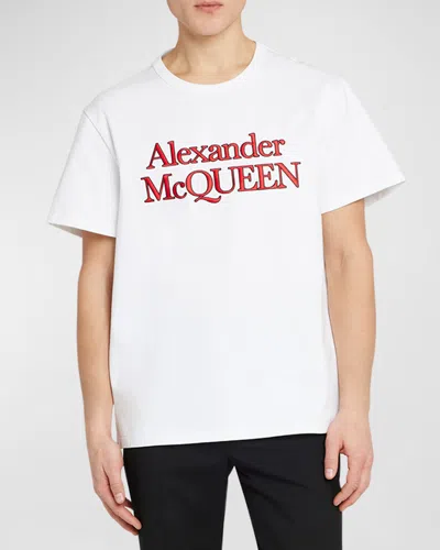 Alexander Mcqueen Men's Embroidered Logo T-shirt In White