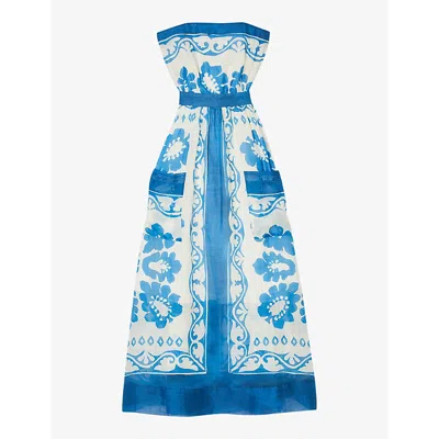Sandro Floral Strapless Maxi Dress In Bleus