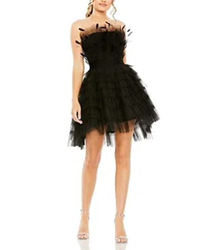Mac Duggal Feathered Strapless Tulle Fit And Flare Dress In Black