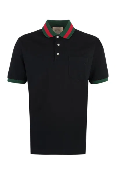 Gucci Web-collar Piqué Polo Shirt In Black