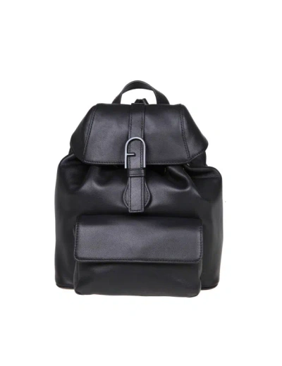 Furla Small Flow Leather Backpack In Noir