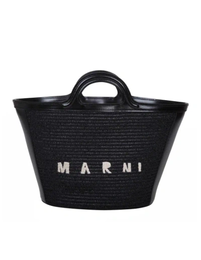 Marni Small Tropicalia Bag In Leather And Raffia Effect Fabric In Black