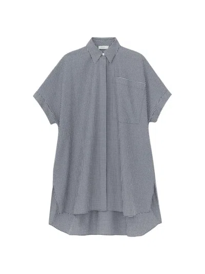 Lafayette 148 Micro Gingham Cotton Seersucker Oversized Shirt In Midnight Blue