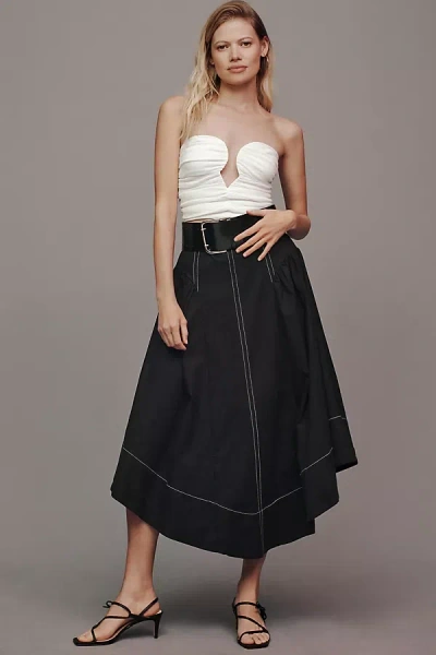 By Anthropologie Curved Hem Linen Midi Skirt In Black