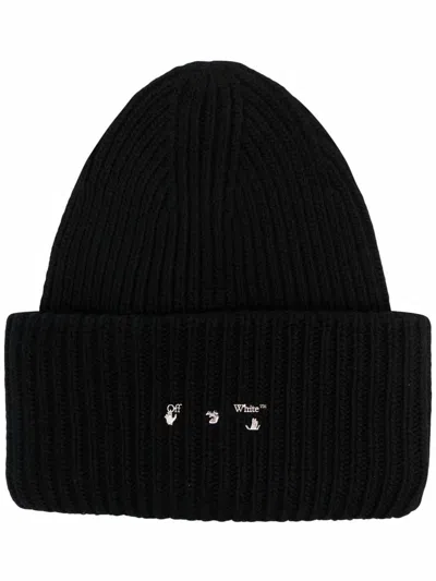 Off-white Ribbed Beanie With Hands Off Logo In Black