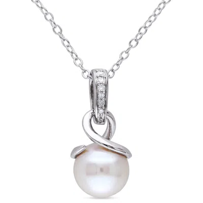 Mimi & Max 8-8.5mm White Cultured Freshwater Pearl And Diamond Twistnecklace In Sterling Silver