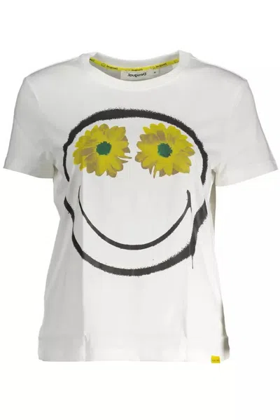 Desigual Chic Printed Cotton Tee With Women's Logo In White