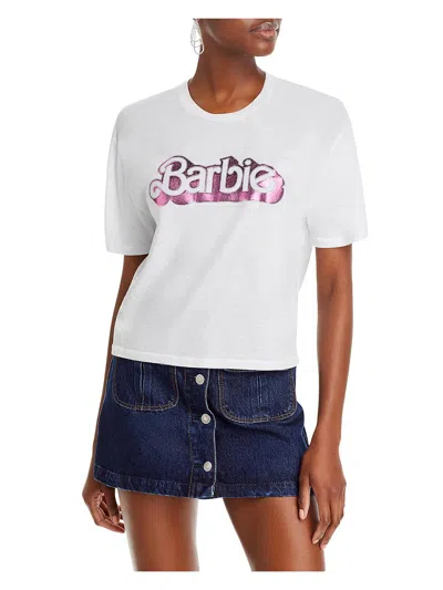 Aqua Barbie Womens Logo Crew Graphic T-shirt In White