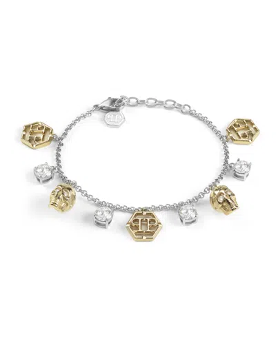 Philipp Plein Two-tone Stainless Steel Crystal, 3d $kull & Hexagon Logo Charm Bracelet In Silver