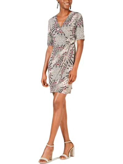 Connected Apparel Petites Womens Medallion Print Above Knee Wrap Dress In Black