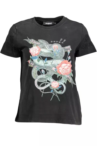 Desigual Chic Printed Tee With Unique Women's Embellishments In Black