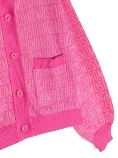 Moschino Girls Fuxia Allover Logo Kids Logo-intarsia Contrast-trim Cotton-blend Knitted Cardigan 10-