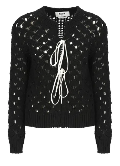 Msgm Openwork Cotton Lace-up Cardigan In Black