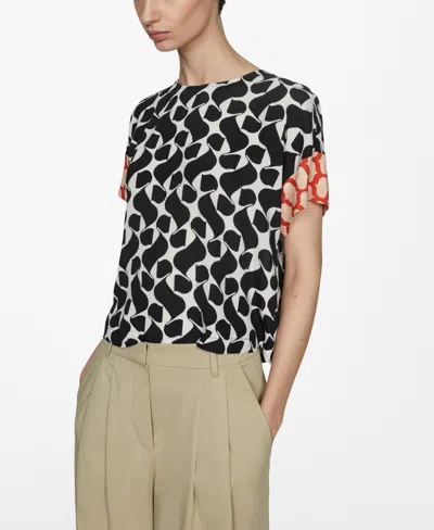 Mango Printed Blouse With Contrasting Trims Black