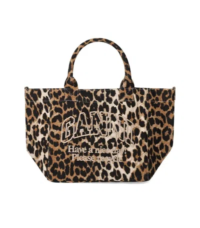 Ganni Leopard Print Small Shopping Bag In Brown