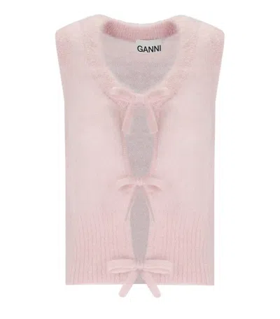 Ganni Pink Sleeveless Cardigan With Bows In Rosa