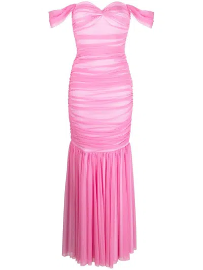 Norma Kamali Walter Off-shoulder Mesh Fishtail Gown In Candy Pink