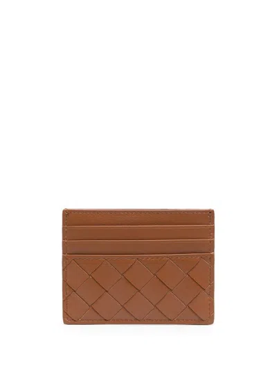 Bottega Veneta Brown Intrecciato Leather Cardholder In Wood-gold