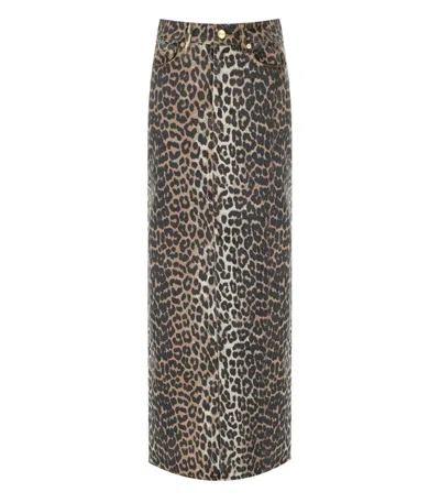 Ganni Long Denim Skirt With Leopard Print In Brown