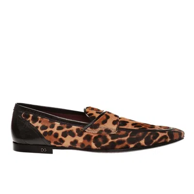 Dolce & Gabbana Leopard Print Pony Hair Loafers In Brown