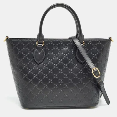 Pre-owned Gucci Ssima Leather Zip Tote In Black
